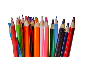 Colored pencils stand close up on a white background. Isolate.