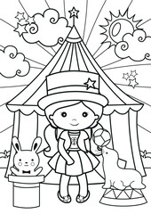kids coloring page with cute girl and friends in circus tent  © Riczdodo