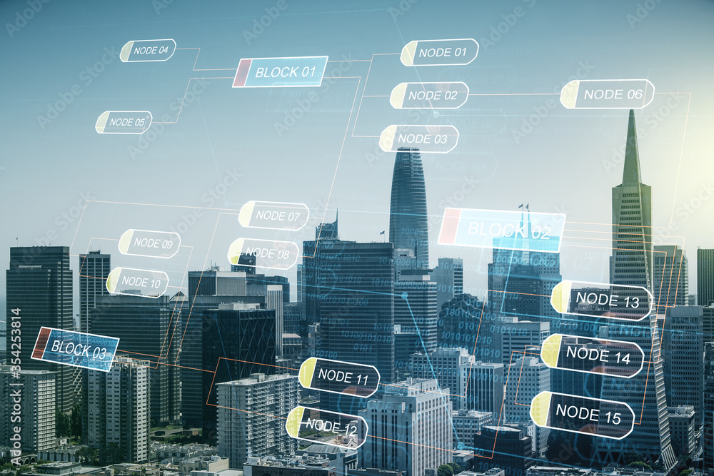 Poster abstract virtual coding concept on san francisco skyline background. multiexposure