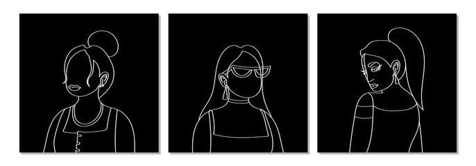 Hand drawn abstract woman faces in line art style, set of trendy posters, modern minimalism art, aesthetic contour, vector illustration