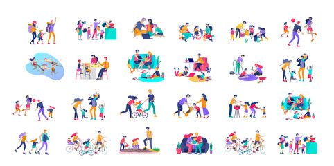 Collection of family hobby activities . Mother, father and children teach daughter to ride bike, play with dog corgi, read book and teach child, gardening and plant sprouts together. Cartoon