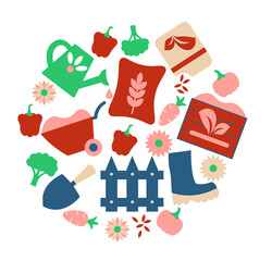 round card with gardening design elements.  
Set of tools and equipment for gardening. Garden elements: gardening tools, wheelbarrow, spade, watering can, flowers. Images for gardener farm.