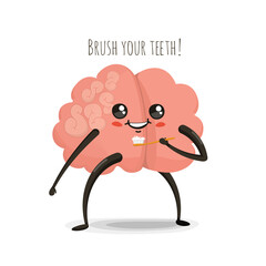 Brain brushing teeth, vector cartoon character, healthy teeth icon, children's dentistry, vector illustration, eps 10 vector