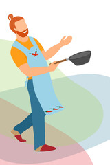 Cheerful cook in apron with pepper. A man holds in his hand a pan for cooking. Vector in a flat style with an abstract background.