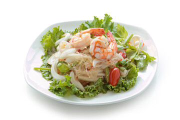 Thai Spicy Seafood Salad with vermicelli or ,yam wun sen, in Thai isolated on white background. With clipping path.