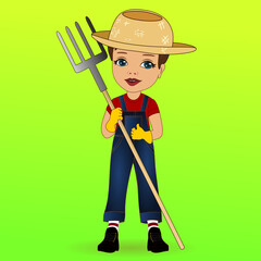 emoji with smirking boy farmer that is wearing overalls, old worn patched straw hat and holding pitchfork, colored vector emoticon