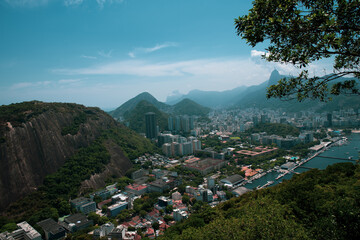 View of the Sugar Loaf in Botafogo, a mountain, and a landscape of Rio de Janeiro from a cable car,...