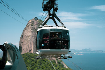 View of the Sugar Loaf in Botafogo, a mountain, and a landscape of Rio de Janeiro from a cable car,...
