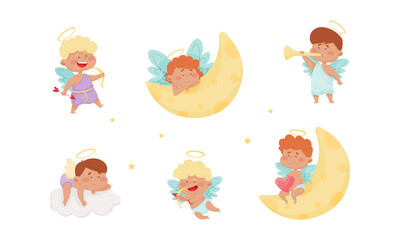 Cute Baby Angels with Nimbus and Wings Vector Set