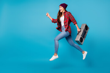 Full length body size view of her she nice attractive pretty glad sporty cheerful girl jumping...