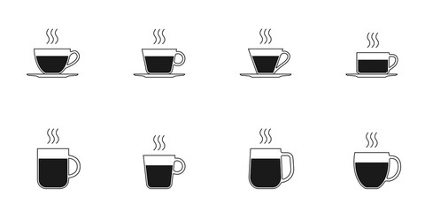 Coffee and tee cup icon set. Hot drink mug silhouettes with steam. Vector illustration.