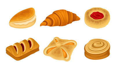 Flour Confectionery or Pastry with Sweet Wheat Bun and Baked Roll with Jam and Curd Vector Set