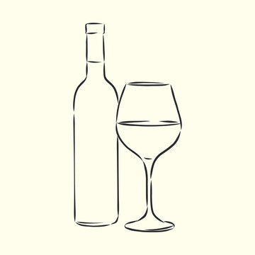Sketch wine bottle and glass, wine bottle and glass, vector sketch illustration