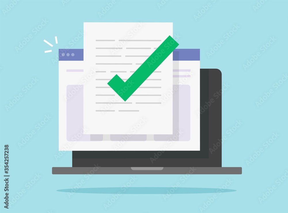 Aufkleber approved and confirmed document file check online on laptop computer or quality control of text writ