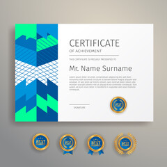 Appreciation certificate template in blue and green color with gold badge and border vector