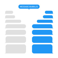 Message bubble for text. Chat or messenger in phone. Box for sms and speech. Interface for social app-talk. Blue and gray template for conversation. Service, background of dialog in mobile. Vector