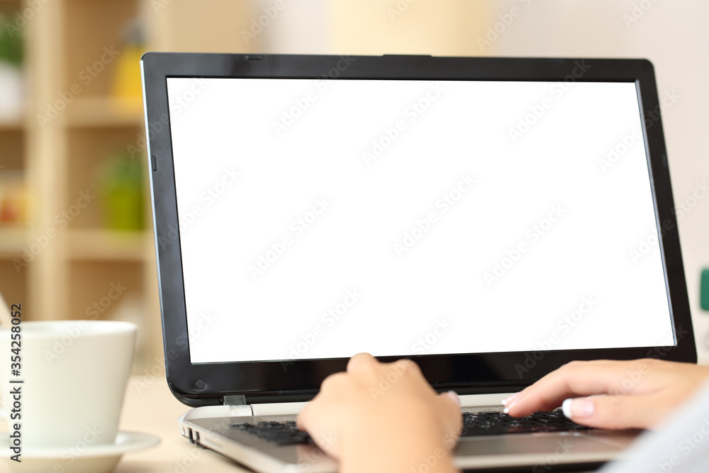 Sticker woman hands using laptop with blank screen at home