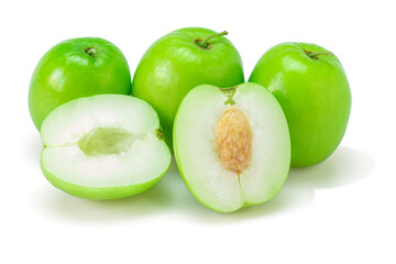 Fresh green jujube fruits, Delicious Chinese jujube fruits isolated on white background. The file includes a clipping path easy to use. Close-up.