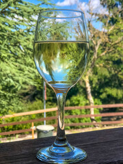 glass of white wine on green background on bar close-up. Alcohol beverage