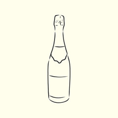 cartoon, hand drawn, vector, sketch, illustration of bottle of champagne and glasses of champagne. a bottle of champagne, vector sketch illustration