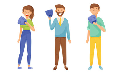 Fototapeta premium People Characters Expressing Various Emotions Standing and Holding Masks with Opposite Emotions in Their Hands Vector Illustrations Set