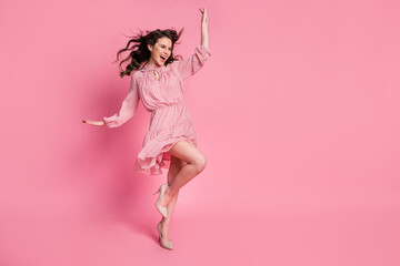 Full length photo of enthusiastic girl lady look good copyspace enjoy rejoice air wind blow haircut...