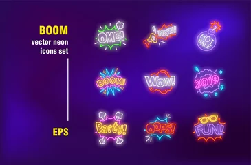 Foto auf Alu-Dibond Comic funny patches neon signs set. Boom, wow, burst, megaphone, cloud, hot sale bomb. Night bright advertising. Vector illustration in neon style for banners, posters, flyers design © RedlineVector