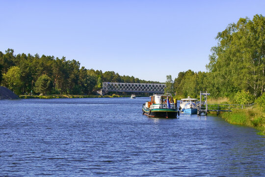 The Oder-Havel Canal with the bridge from the  memorial brickworks in the background, Sachsenhausen - Germany
