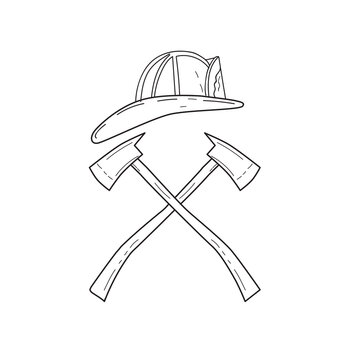 Fireman Helmet With Crossed Fire Axe Line Drawing Black and White