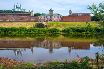 Fototapeta na wymiar The central historical part of the ancient city of Smolensk. Remnants of defense buildings and the Assumption Cathedral on the slopes of the right bank of the Dnieper River.