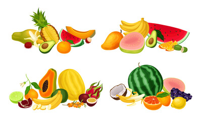Exotic Fruits Composition with Pineapple and Papaya Vector Set