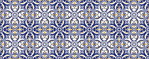 Stof per meter Tile border pattern vector seamless. Ceramic blue, yellow and white ornament texture. Portuguese azulejos, spanish mosaic, mexican talavera, sicily italian majolica, moroccan, arabesque motifs. © irinelle