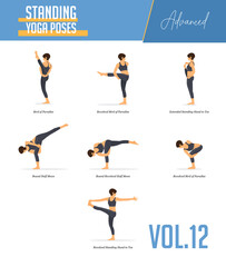 Set of yoga poses for concept balancing, standing poses in flat design style. Strong Woman exercising for body stretching. Yoga posture or asana for beginner infographic. Workout Vector Illustration