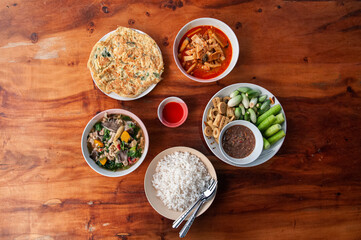 Thai local homemade food set on wooden table. top view