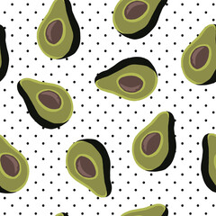 seamless pattern of half avocado on white background and black dots