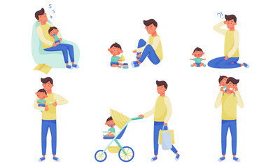 Young Father Feeding Walking and Playing with His Little Baby Vector Illustration Set