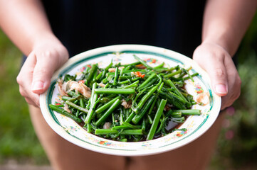 Thai local homemade food, green kale stir fry with oyster sauce