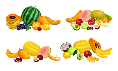 Exotic Fruits Composition with Melon and Papaya Vector Set