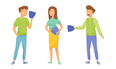 Fototapeta premium People Characters Expressing Various Emotions Standing and Holding Masks with Opposite Emotions in Their Hands Vector Illustrations Set