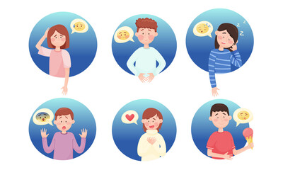 People Characters with Emoji Showing Different Emotional States and Feeling Like Scare and Love Vector Set