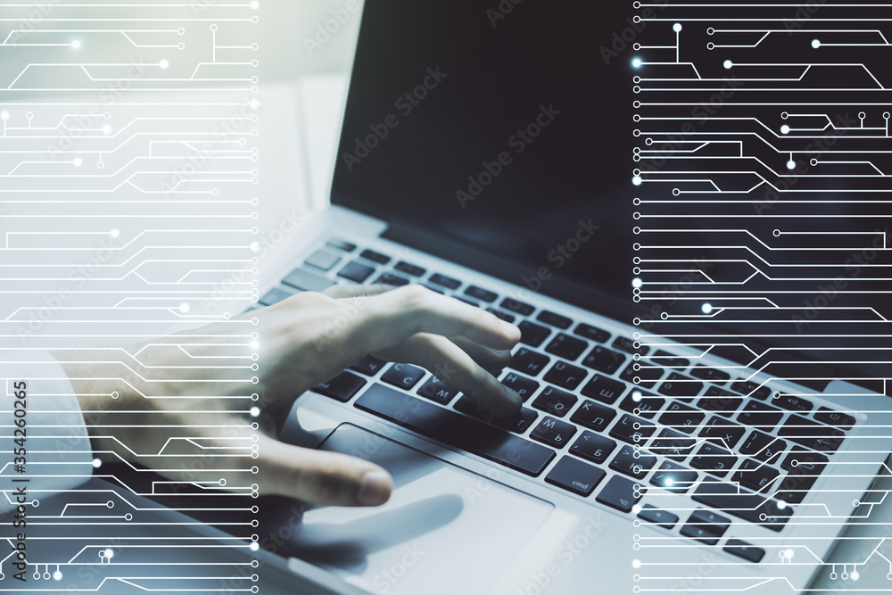 Poster creative abstract micro chip hologram and hands typing on computer keyboard on background, artificia