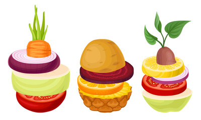 Sliced Fruits and Vegetables Arranged in Pile Vector Set