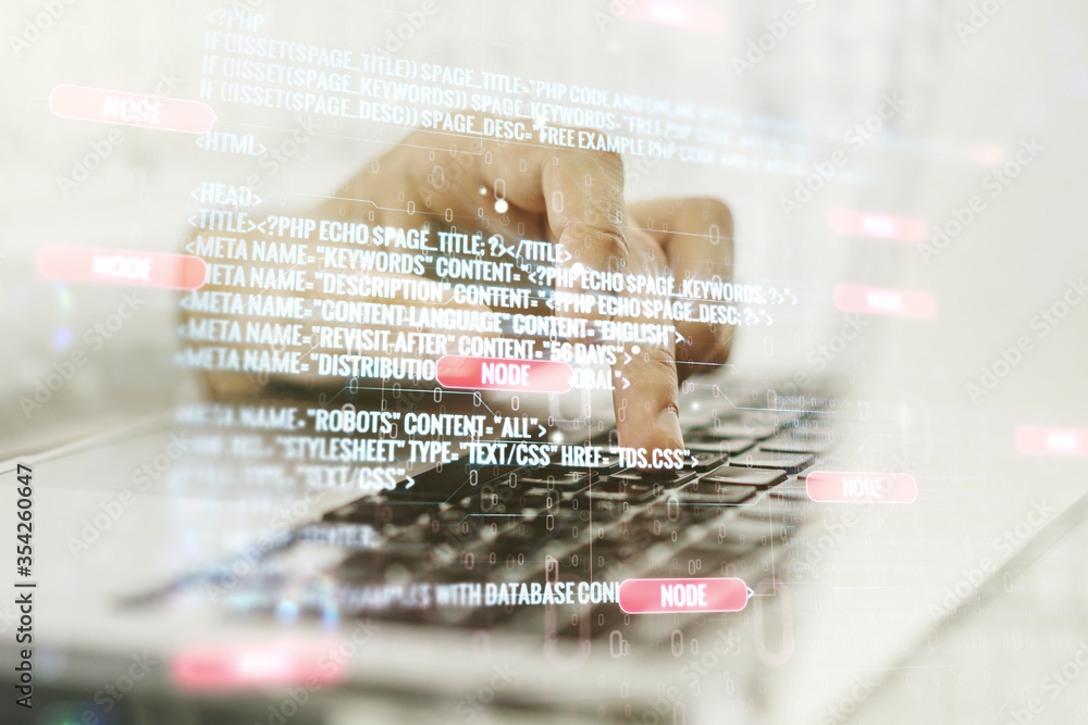 Poster double exposure of abstract creative programming illustration and hands typing on laptop on backgrou