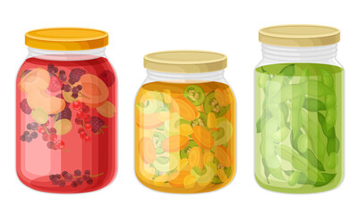 Glass Jars with Preserved Vegetables and Stewed Fruit Vector Set