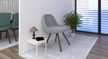 3D render a waiting room in daylight, with modern wall, expressing warmth and minimalism. An interesting atmosphere is created with daylight that fill the space and bring contrast. 
