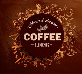 Coffee Round Design in Vintage Outline Hand Drawn Doodle Style with Different Objects on Coffee Theme. Vector Illustration.