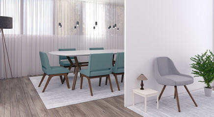 3D render of two rooms in day light, with modern chairs, expressing warmth and minimalism. A relaxing and comfortable atmosphere where one can feel pleasant. Furniture is of modern color and shape.