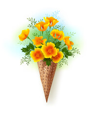 Waffle cone with California poppy