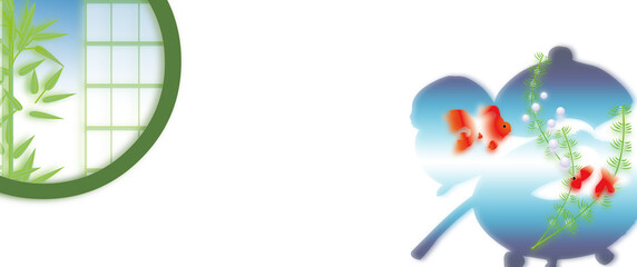 金魚が涼の文字の前で泳ぐ姿に丸窓の外には竹の風景のイラスバナー素材