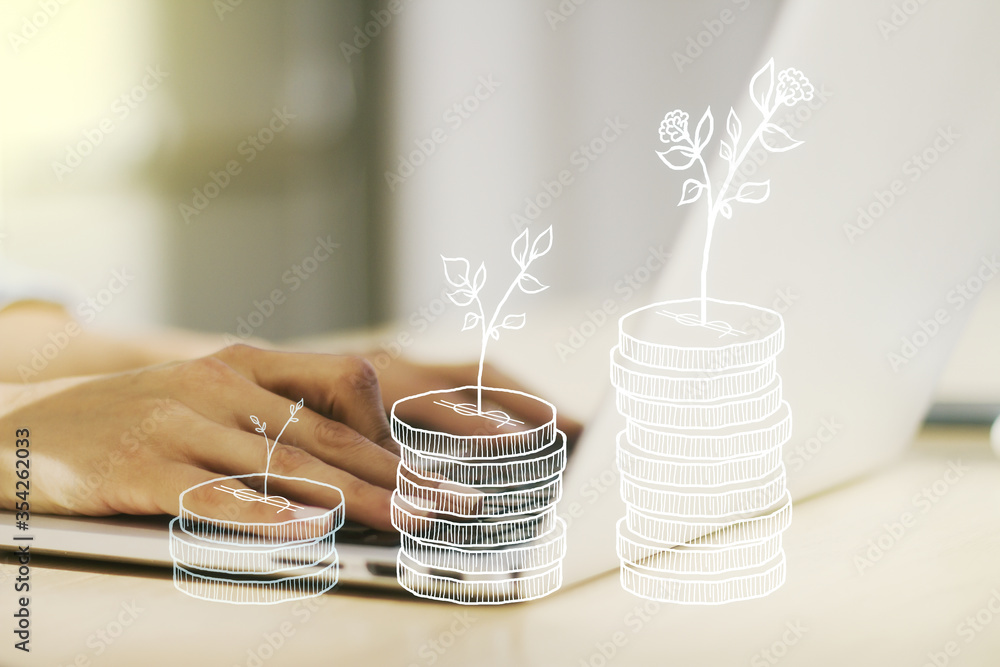 Poster creative abstract money savings sketch and hands typing on computer keyboard on background, accumula